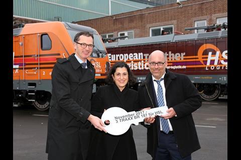 Attending the handover at Kassel on November 29 were (from the left): Marco Schreiber, Head of Product Families, MS/DC Locomotives, at Bombardier Transportation, Akiem Managing Director Hengameh Panahi and Björn Pirr of HSL Logistik.